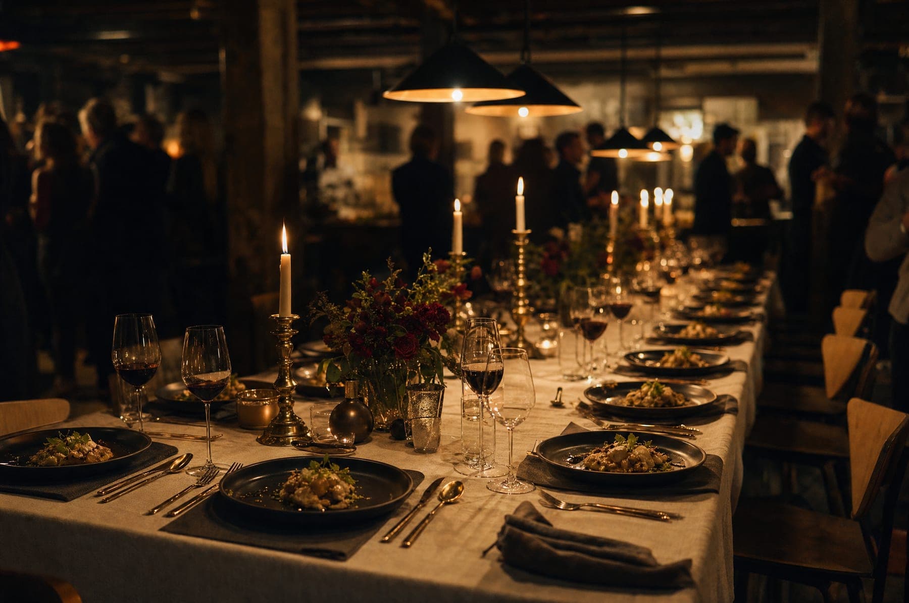 Lange Bankett-Tafel in einem dunklen Loft, Kerzenlicht, angerichtete Vorspeisen.