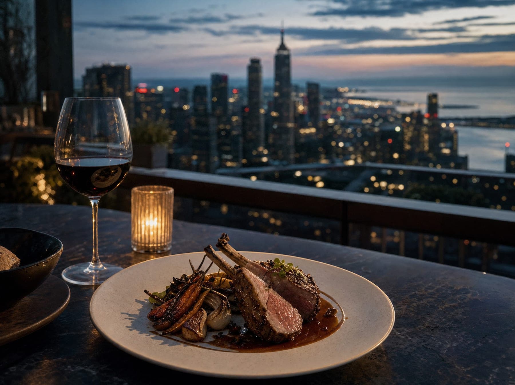 Fertiger Fine-Dining-Teller auf einer Hotel-Dachterrasse zur blauen Stunde, Skyline im Hintergrund.