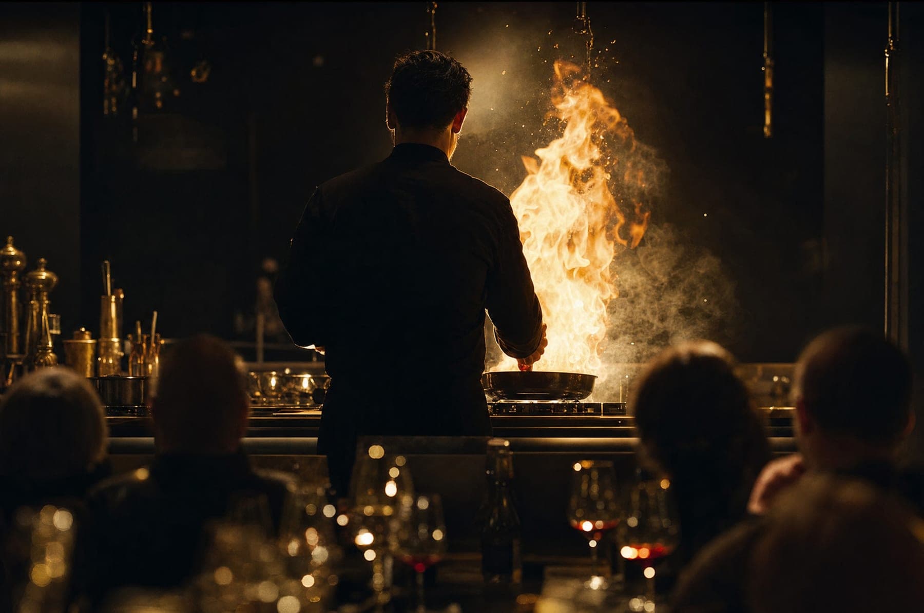Koch in Silhouette flambiert eine Pfanne mit hoher Flamme, Publikum im Vordergrund unscharf.